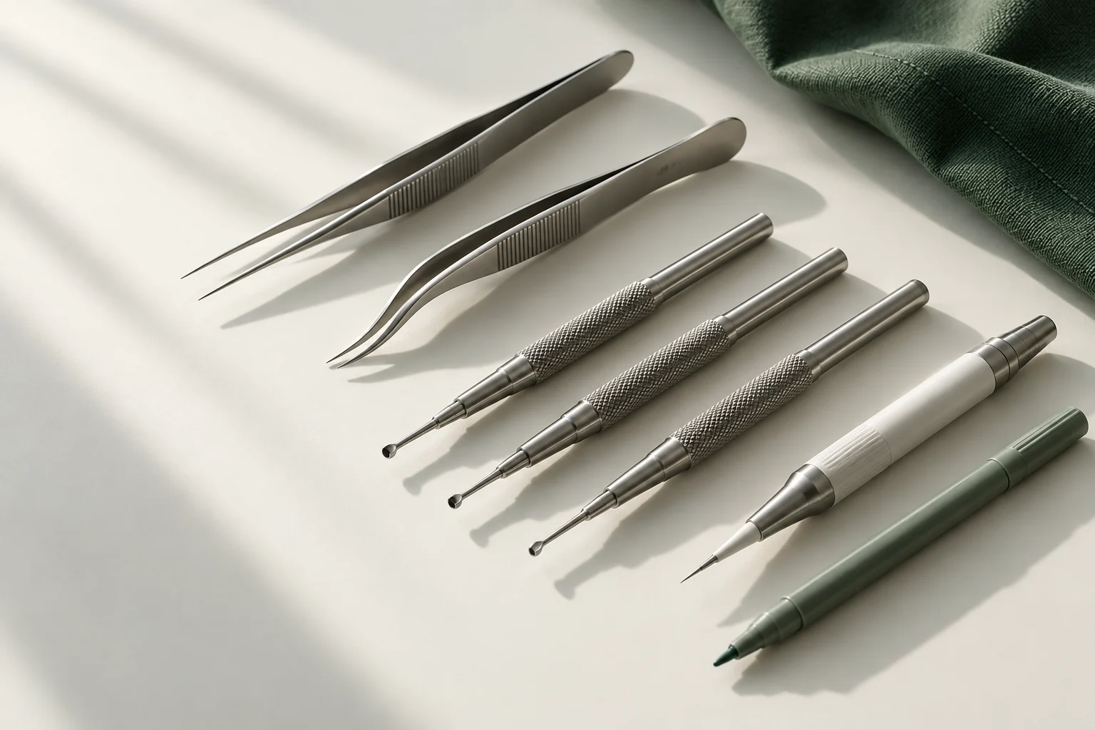 Illustrative still life of fine stainless-steel instruments on porcelain beside a forest-green drape