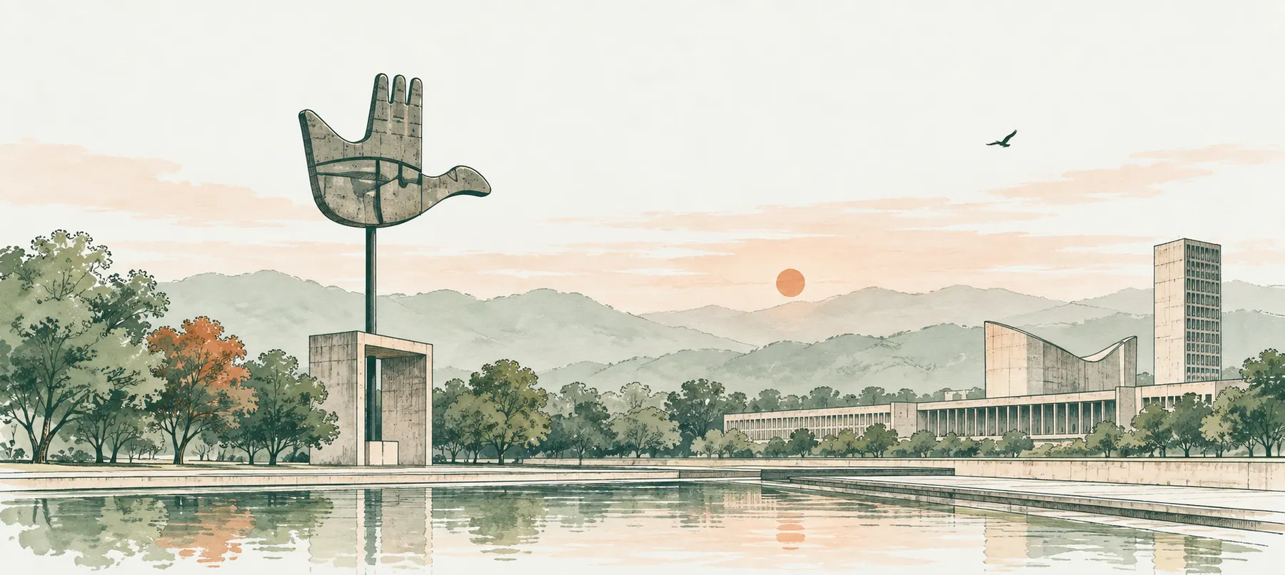 Illustration of Chandigarh: the Open Hand monument beside the Capitol Complex, with the Shivalik hills behind.